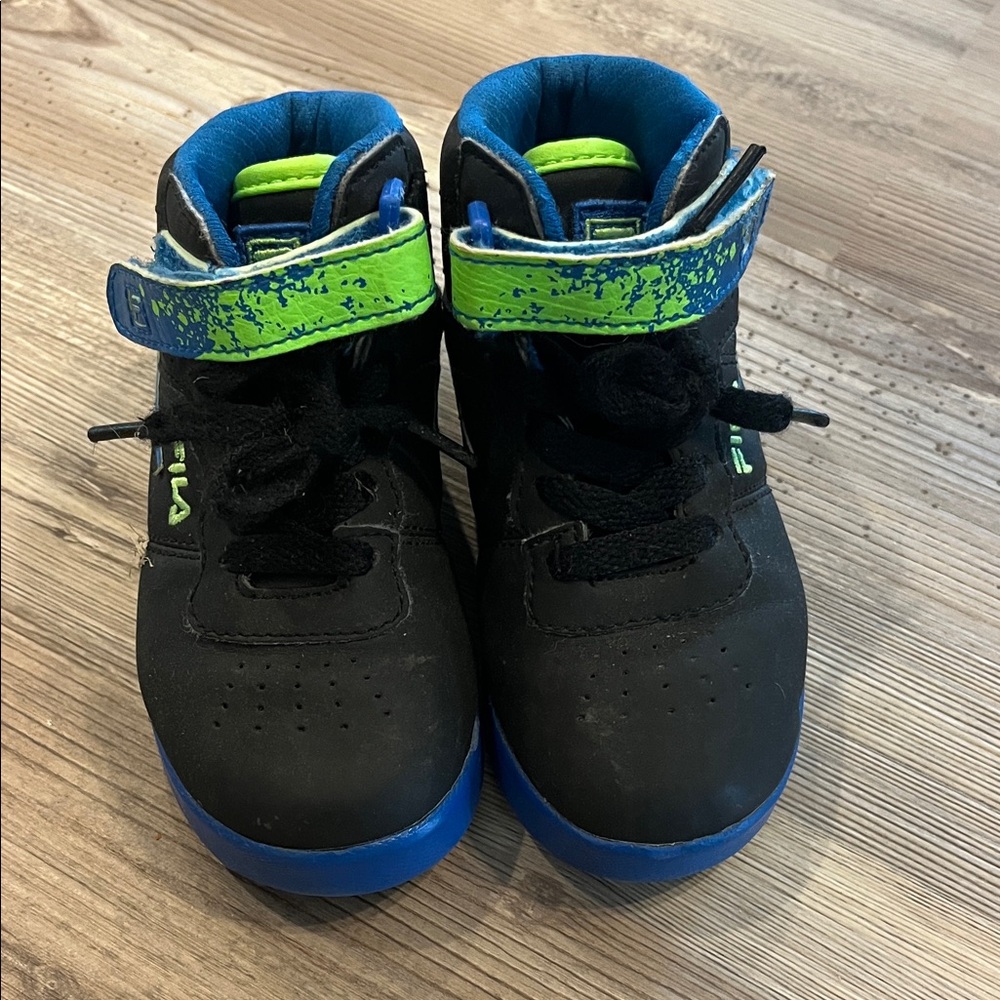Fila Kids Black Sneakers with Blue Soles and Green Strap